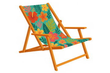 Wooden beach chair with tropical floral print, reclining against white, showcasing summer leisure and vacation comfort
