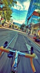 Urban street seen while cycling through traffic from dynamic first-person perspective with colorful reflections and motion blur.