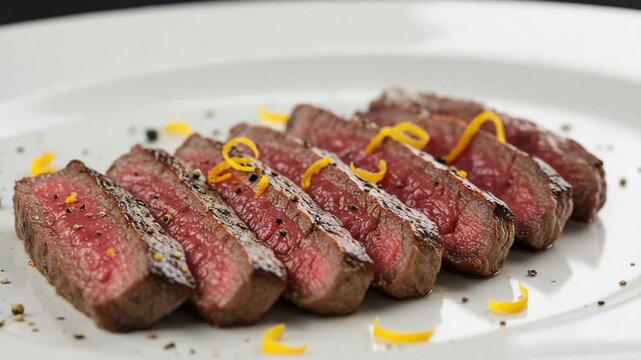 Appetizing Sliced Steak Medium Rare on White Plate with Lemon Zest and Peppercorns Closeup