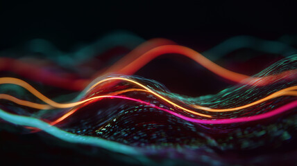 Digital glitch waves, neon-lit pixel distortions frozen in motion over black