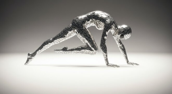 Abstract chrome figure in starting position conveying strength and flexibility
