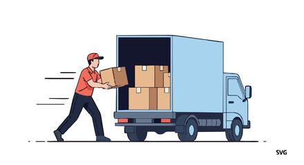 Delivery worker loading cardboard boxes into a small delivery truck.  He's actively engaged in the transportation process.