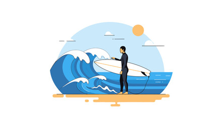 Minimalist Surfer Contemplating Wave On Beach For Extreme Sports Lifestyle Illustration