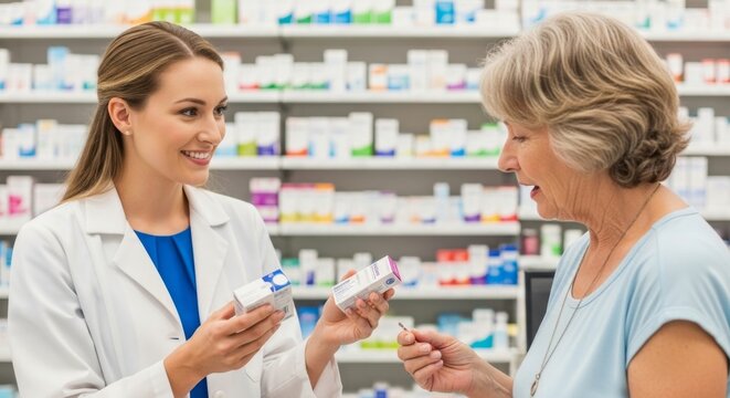 A friendly pharmacist assists a customer with a prescription in a wellstocked pharmacy