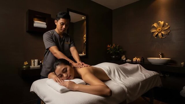 Massaging Young Woman Back by Professional Male Therapist in Luxury Spa Room with Warm Lighting