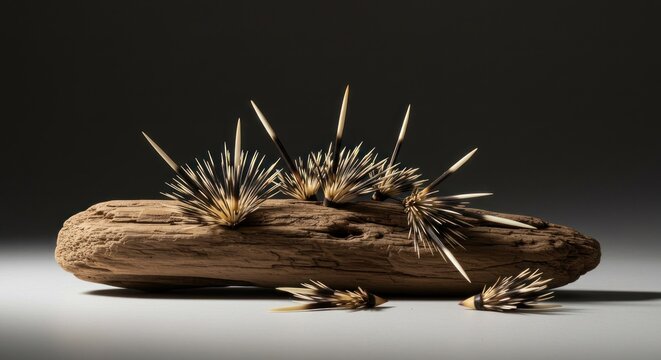 Echinothrix calamaris spines arranged decoratively on aged driftwood against a gradient backdrop