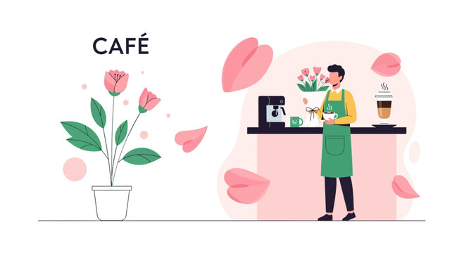 Modern Minimalist Cafe Illustration With Flowers And Barista Holding Cup - Powered by Adobe