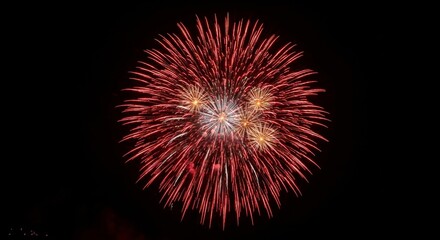 A vibrant red firework explodes in the night sky, creating a dazzling spectacle of light and color