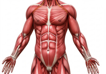 Illustration showing human anatomy with muscles and tendons of the upper body and arms visible created with generated ai