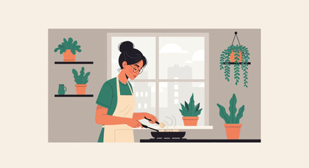 Fototapeta premium Modern Woman Cooking At Home With Potted Plants And View Of City Apartment