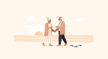 Obraz premium Serene Sunset Stroll: Elderly Couple Enjoying a Peaceful Beach Walk Together