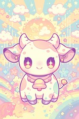 Kawaii Cow Portrait Illustration, Cute Animal Art for Kids, Bright Pastel Colors, Fun Greeting Card or Nursery Wall Design