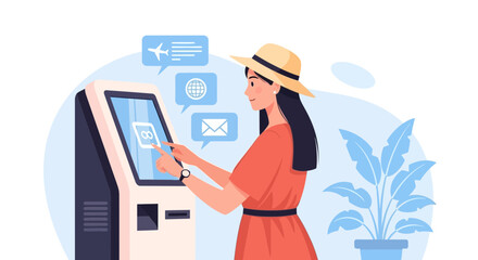 Fototapeta premium Woman Interacting With Interactive Information Kiosk For Travel Ticketing
