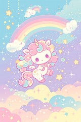 Kawaii Pastel Unicorn Artwork for Kids, Cute Nursery Wall Art or Birthday Greeting Card Design in Soft Whimsical Colors