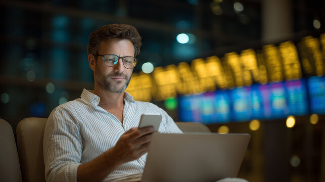 Focused traveler checks flight schedule on smartphone while replying to emails on laptop. Elegant lounge interior with muted tones, flight information screens in the background. A
