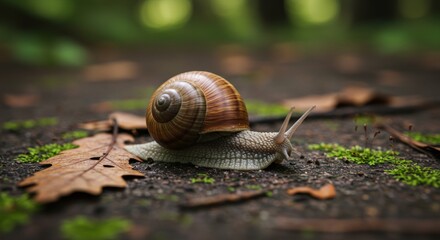 A solitary snail explores the forest floor amidst fallen leaves and vibrant moss patches