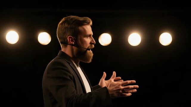 A bearded man with a microphone gestures emphatically while speaking on a stage with bright spotlights behind him