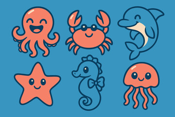 Cute ocean creature set: dolphin wink, crab blush, starfish smile. Perfect for children’s design, books and aquarium themes.