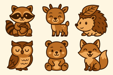 Woodland friends: smiling raccoon, baby deer, sleepy owl. Flat cartoon icons for kid apps, books, and forest projects.