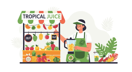 Fototapeta premium Tropical Juice Stand With Woman Preparing Healthy Drinks, Summer Time