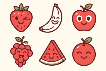 Cute fruit icons: strawberry, banana, apple, grape, orange, watermelon. Cartoon flat vector for kids food design and stickers.