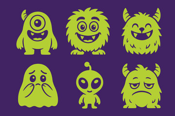 Cartoon monsters: sleepy fang, blob, alien, smiling beast. Playful vector icons for children books and apps.