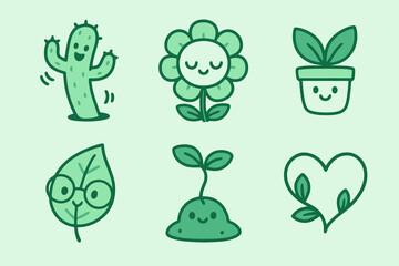 Cute cartoon plants: sleepy flower, leafy smile, baby sprout. Green flat icons for kids, eco projects and UI design.