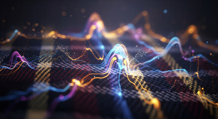 Abstract futuristic technology background with glowing data waves and particles on a fabric texture