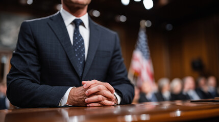 Man in dark business suit stands with hands clasped before a congressional hearing table. The room buzzes with debate as lawyers and judges prepare to question him, with the US fla