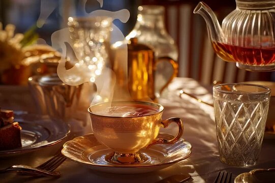 A video of a cup of tea being poured from a glass teapot.