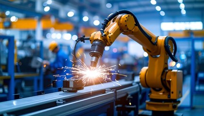 Industrial robot welding in a factory