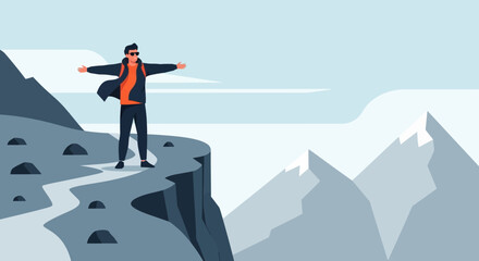 Obraz premium Reaching The Peak A Man Spreads His Arms Above The Mountains Adventure Concept
