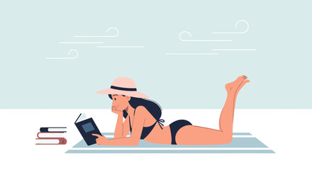 Woman Reading A Book At The Beach Enjoying Summer Vacation Leisure Time