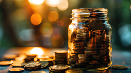 Glass jar brimming with gleaming coins, symbolizing savings and investments under a warm, golden light.