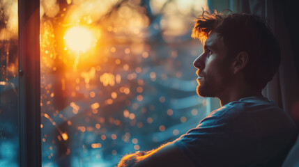 Thoughtful man gazes out of a window, bathed in the warm glow of the setting sun, lost in contemplation