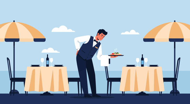 Outdoor Fine Dining Waiter Serving Delicious Dish At Romantic Restaurant Setting