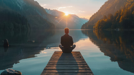 Serene lakeside meditation: Man finds peace on dock amidst mountain sunrise, embracing tranquility.