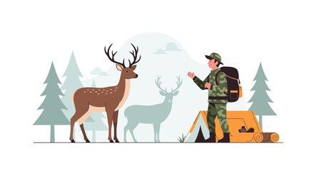 Fototapeta premium Outdoorsman Encountering Wildlife During Camping Trip In The Forest Scenery