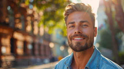 Smiling man in denim shirt enjoying sunny day outdoors with blurred building and trees in background.