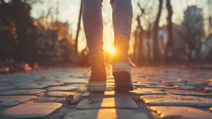 Walking into the sunset on a cobblestone street, capturing the essence of a peaceful urban adventure.