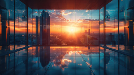 Cityscape Sunset: Reflective Office Space Showcases Urban Skyline Views at Dusk with Vibrant Sky Colors