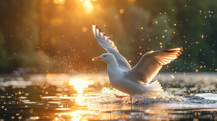 Seagull landing in water, wings spread, golden light reflecting in drops. A moment of serene aquatic beauty.
