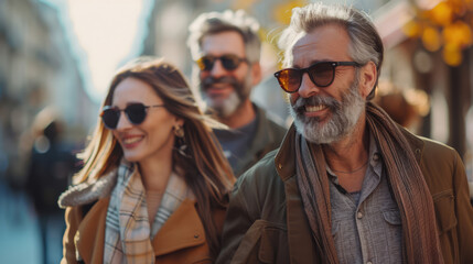 Stylish people enjoying an urban autumn outing, sunglasses and scarves, walking confidently through city streets.