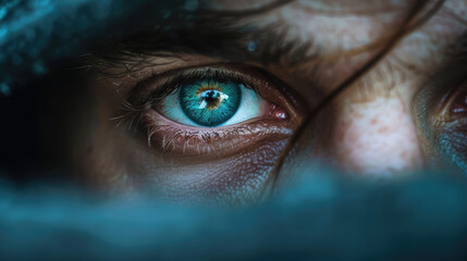 Vibrant, piercing eye staring out, a window to the soul filled with intense emotion and captivating color.