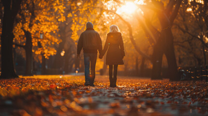 Romantic autumn stroll: a couple walks hand-in-hand through a park bathed in golden sunlight.