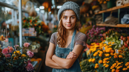 Flower shop owner stands proud among her vibrant blooms, showcasing her passion for floral artistry.