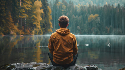 Man contemplates serene lake surrounded by forest, seeking nature's solace and peaceful reflection.