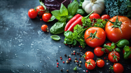 Fresh garden produce: vibrant tomatoes, basil, garlic, red pepper, kale, and seasoning on a dark surface.