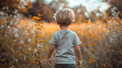 Young child exploring a field of tall grass and wildflowers on a sunny day, seen from the back.