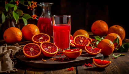 red orange juice and oranges